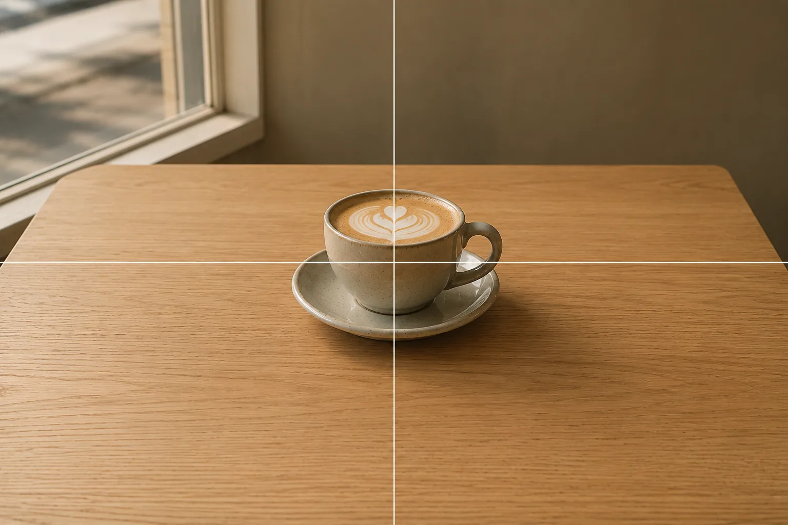 日の丸構図の作例。主役のカップを画面中央に置き、周囲に均等な余白を取った構図イメージ。