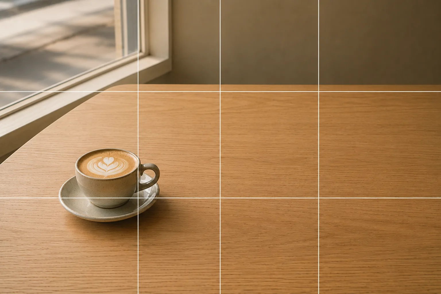 余白構図の作例。主役のカップを片側に寄せ、空いた側に大きな余白を残した構図イメージ。