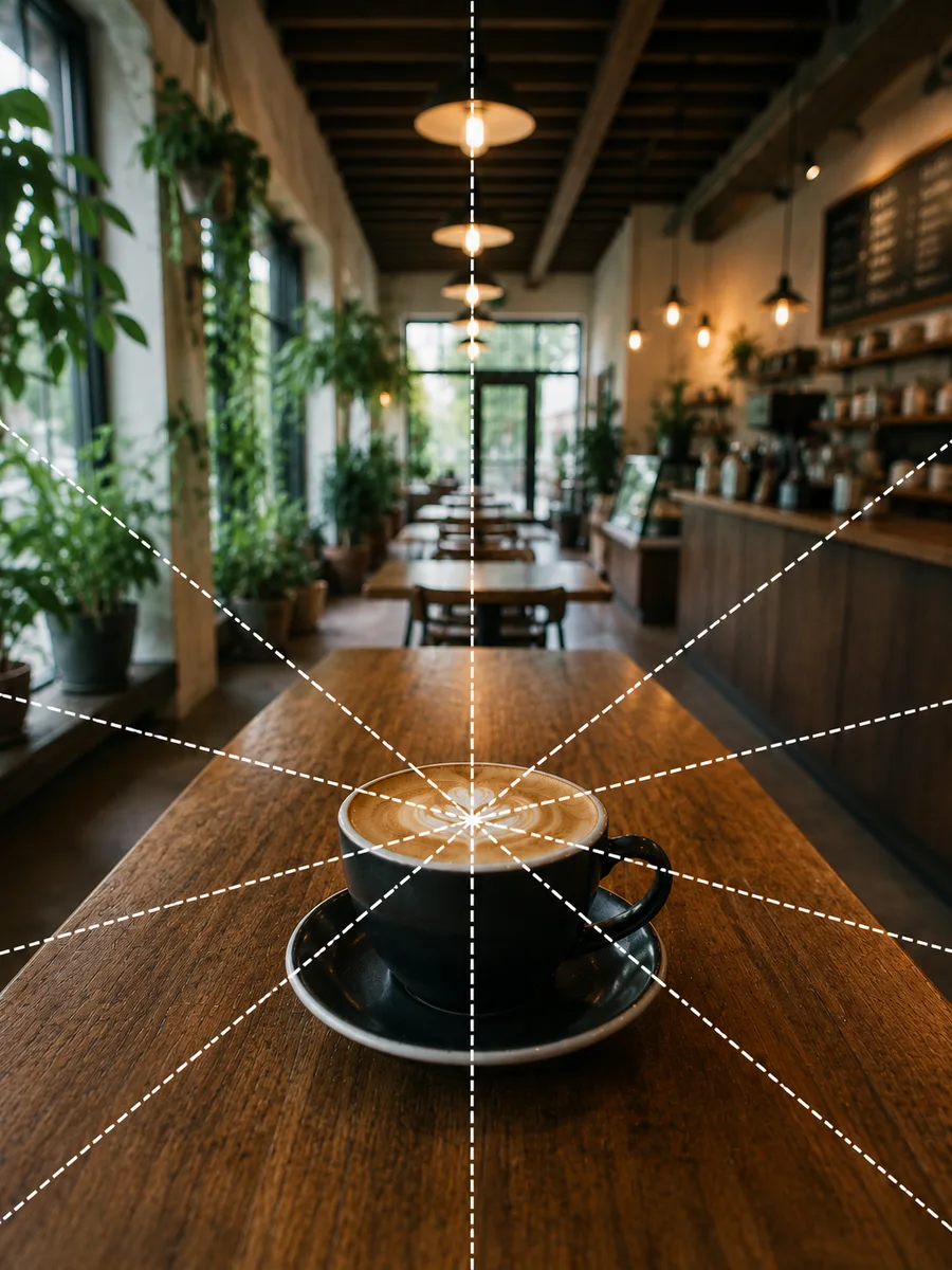 放射線構図の作例。カフェのテーブルのカップを中心に、天井やカウンターの線が放射状に広がる構図イメージ。