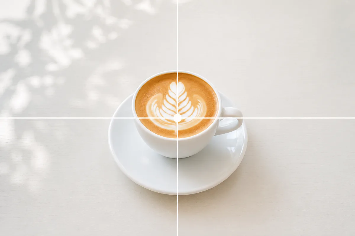 中央の十字線に合わせて、カフェラテを画面の真ん中にどっしり置いた作例