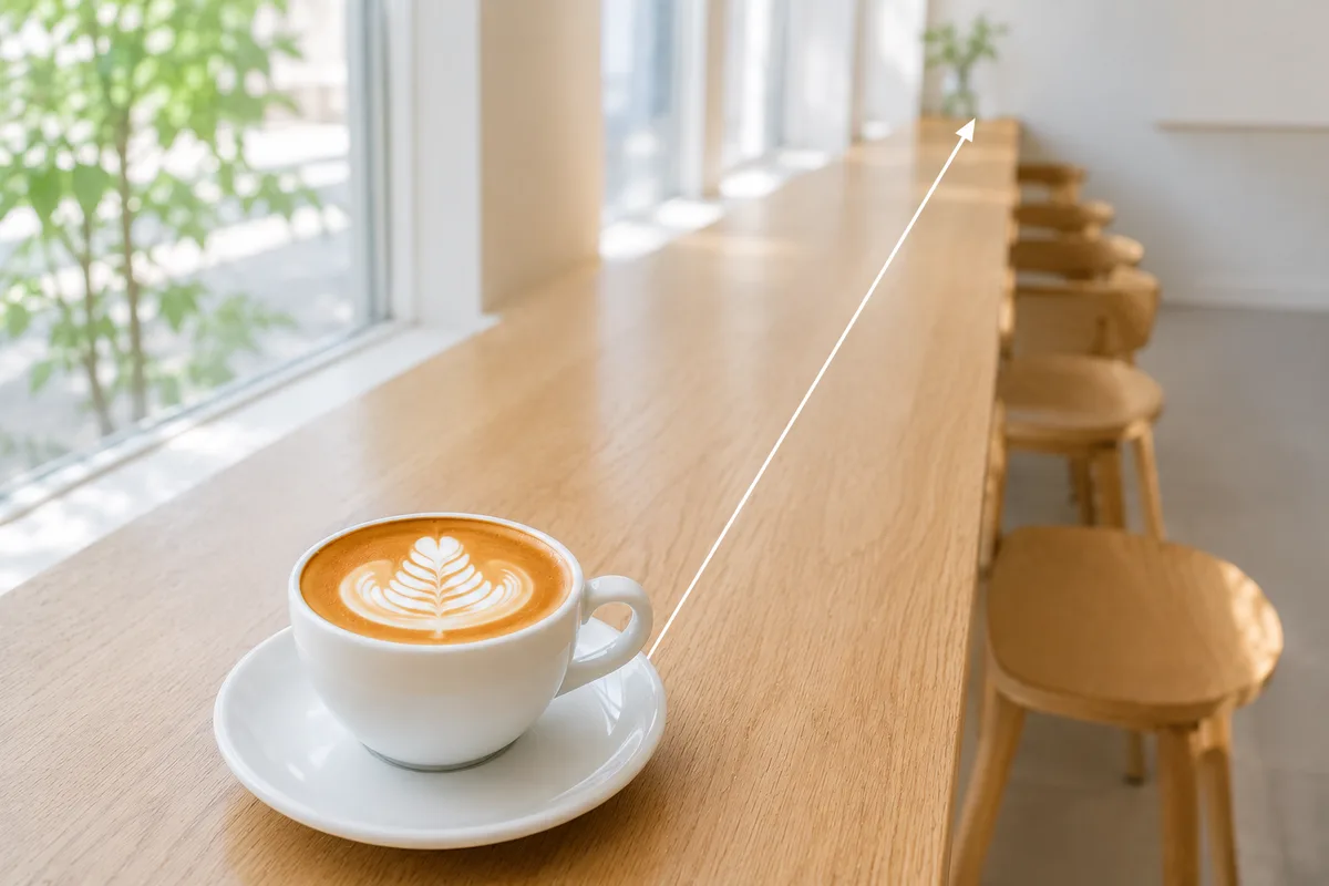 カフェのカウンターの縁が手前から奥へ続き、手前のカフェラテから視線が奥へ導かれる作例