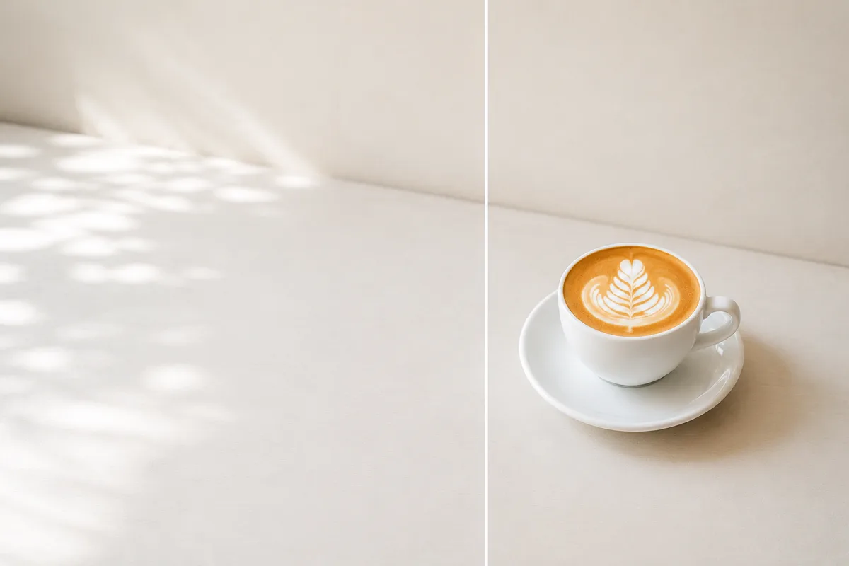 カフェラテを画面の右下に小さめに置き、明るいテーブルの余白を大きくとった作例