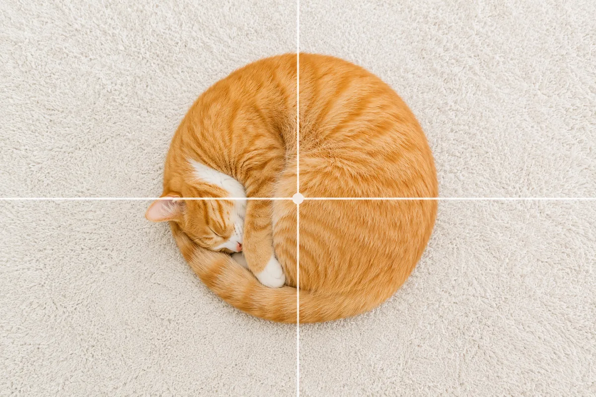 真上から見下ろし、体を丸めて眠る茶トラ猫を画面の中央に置いた日の丸構図の作例