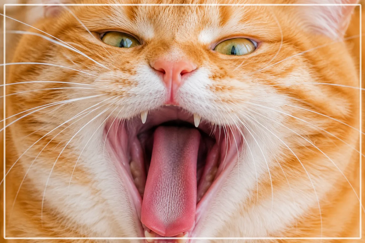 大きなあくびをする茶トラ猫の顔に思い切り寄り、画面いっぱいに写した作例
