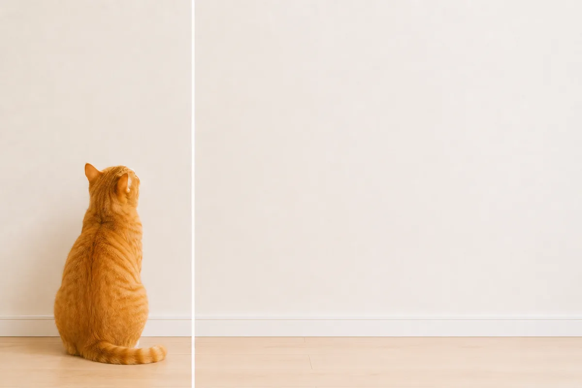 明るい壁を背景に、後ろ姿の茶トラ猫を左端に小さく置き、右に大きな余白をとった作例