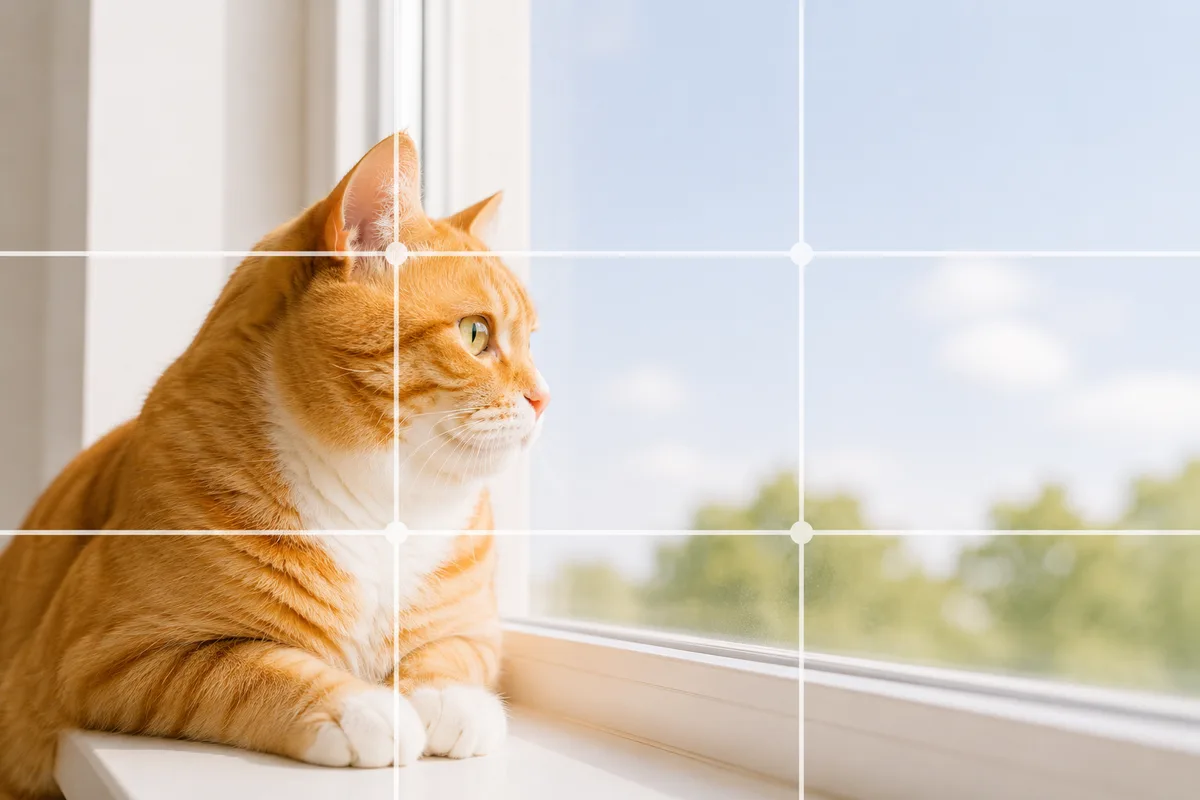 三分割法のグリッド線に沿って、窓辺で外を眺める茶トラ猫の横顔を左の交点に置いた作例