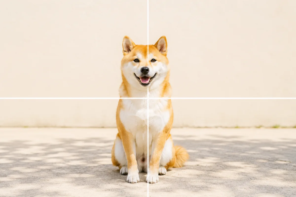 正面を向いてお座りする柴犬を画面の中央にどっしり置いた日の丸構図の作例