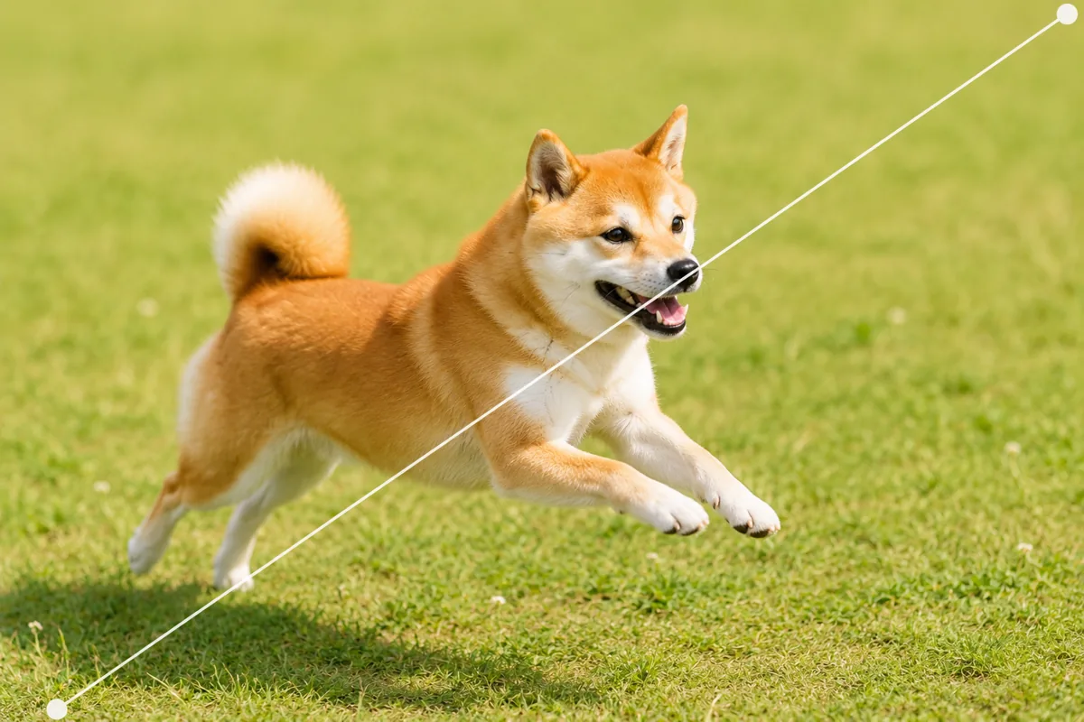 芝生を走る柴犬の体が画面の角から角へ斜めに走る対角線構図の作例