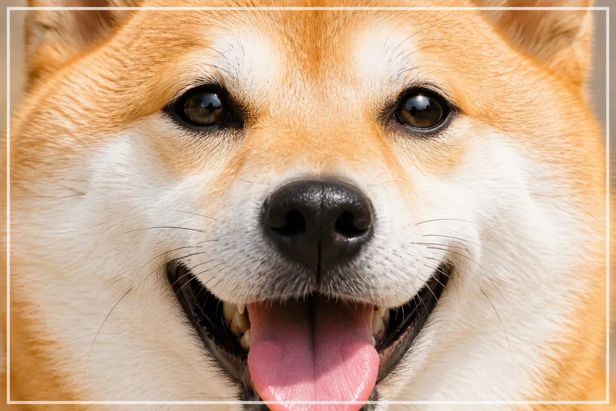 舌を出して笑う柴犬の顔に思い切り寄り、画面いっぱいに写したフィルザフレームの作例