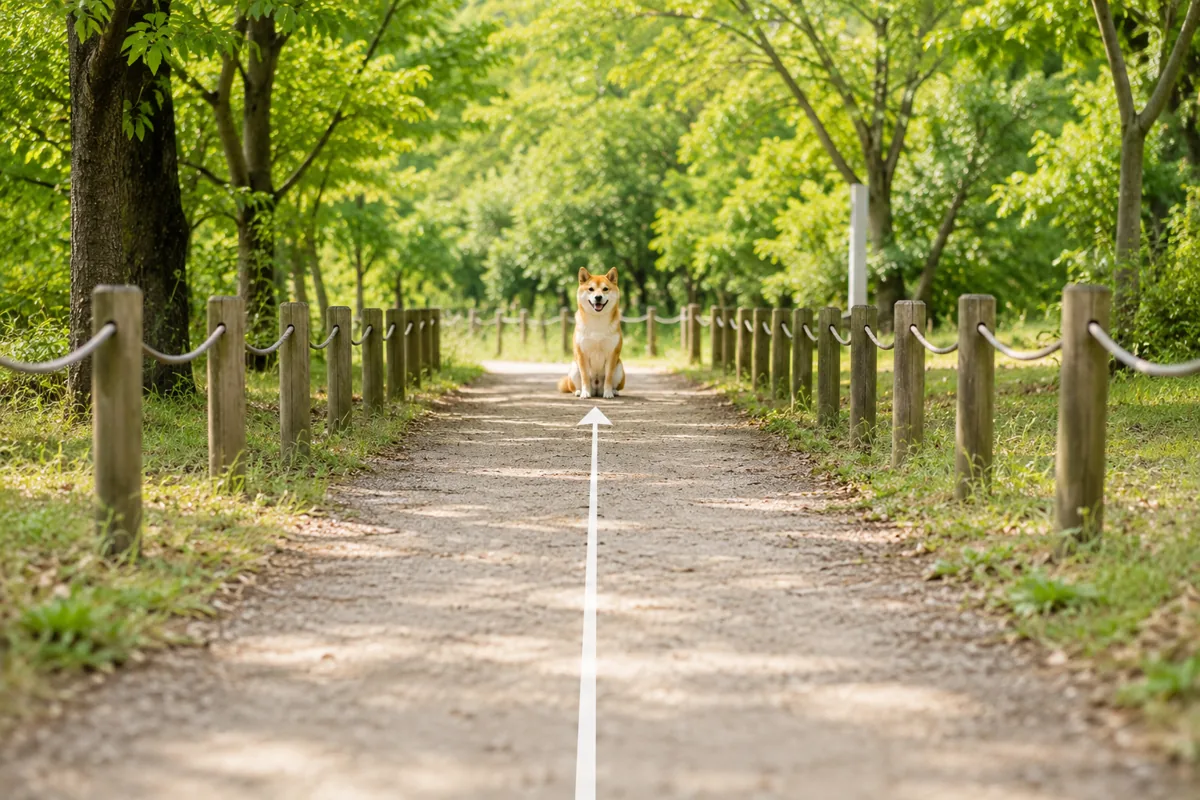 並木道が奥へ伸び、その先に座る柴犬へ視線が導かれるリーディングライン構図の作例
