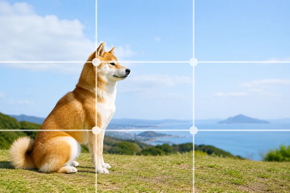 丘で海を背に横向きに座る柴犬を交点に置き、視線の先に余白をとった三分割法の作例