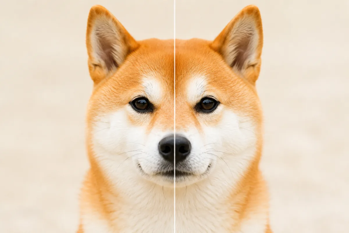 柴犬の顔を正面・中央から写し、左右対称に見せたシンメトリー構図の作例