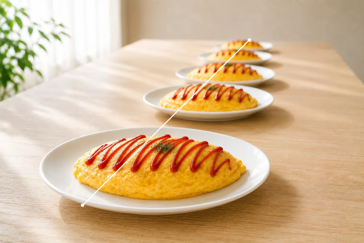 同じオムライスの皿が手前から奥へ一列に並び、視線が奥へ導かれる作例