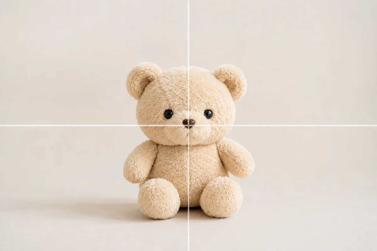 中央の十字線に合わせて、クマのぬいぐるみを真ん中に置いたぬい活写真