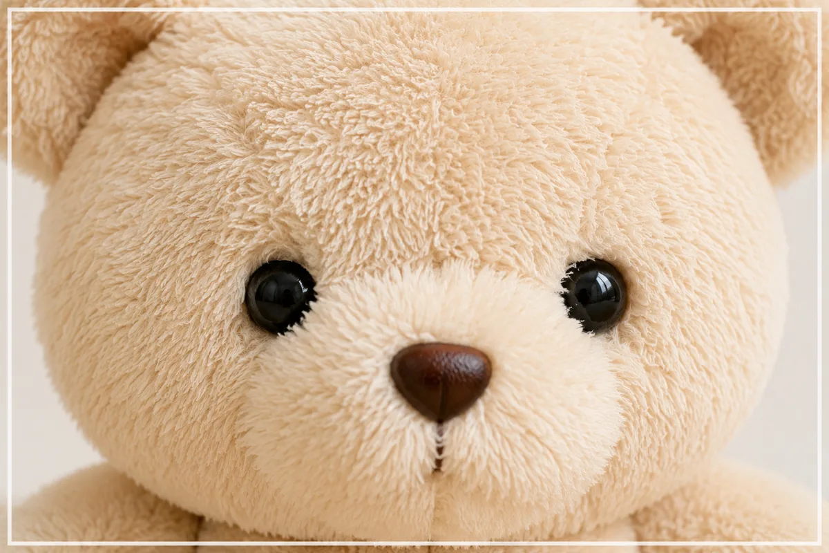 クマのぬいぐるみの顔に大きく寄り、画面いっぱいに表情を見せたぬい活写真