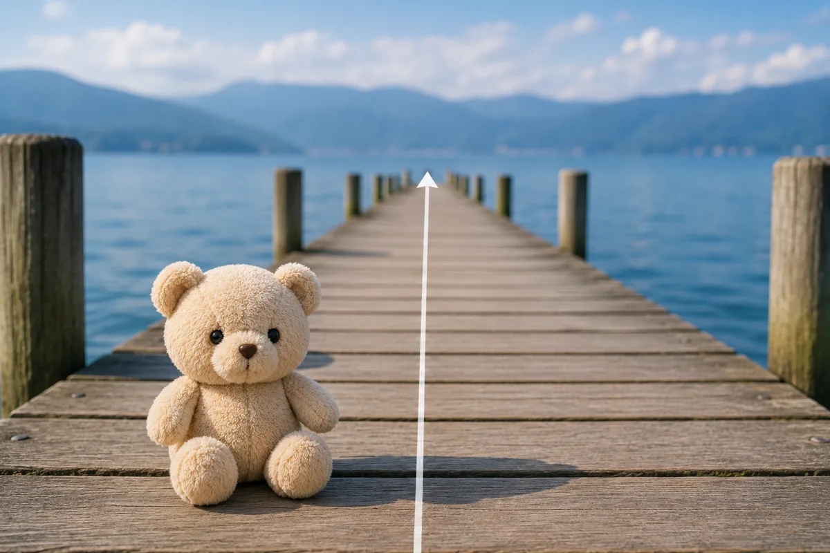 奥へまっすぐ続く桟橋の手前に、クマのぬいぐるみを置いたぬい活写真