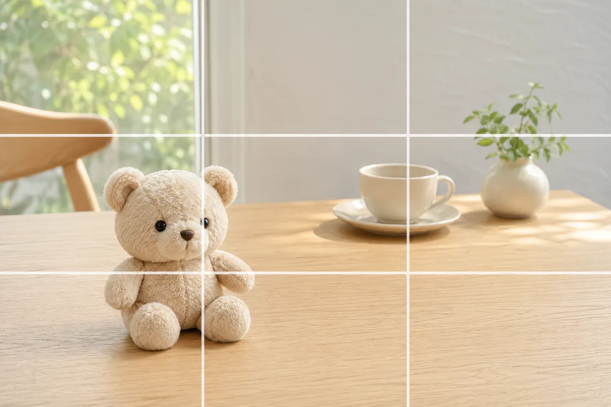 三分割法のグリッド線に沿って、クマのぬいぐるみを左の交点に置いたぬい活写真