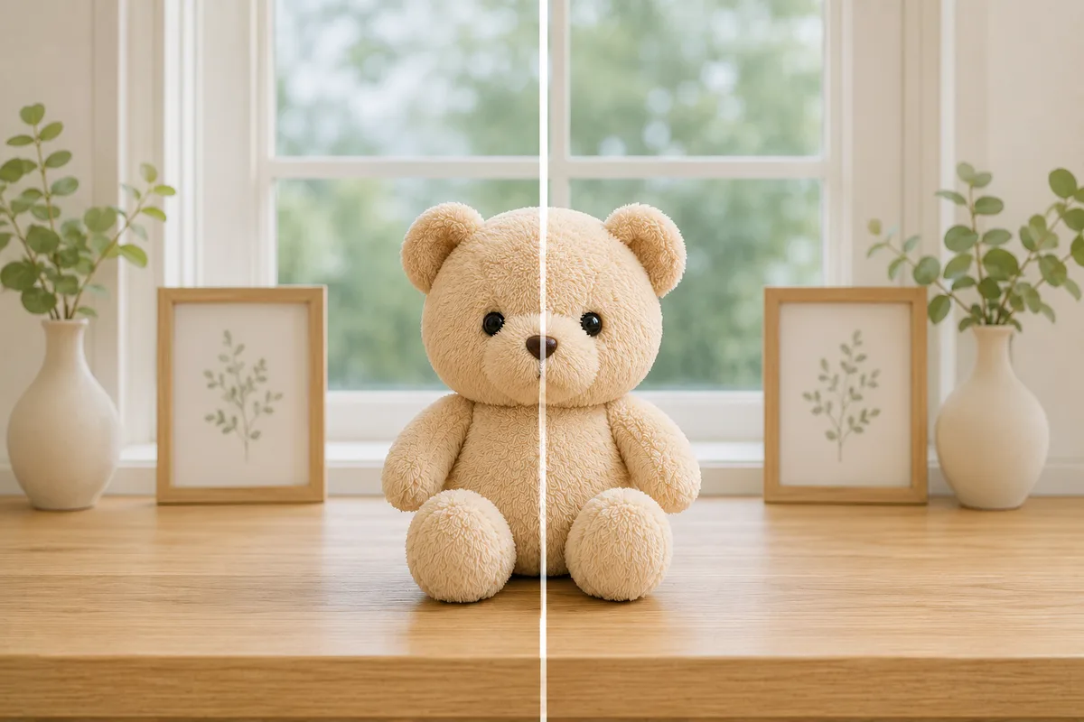 左右対称の窓辺と小物の中央に、クマのぬいぐるみを置いたぬい活写真