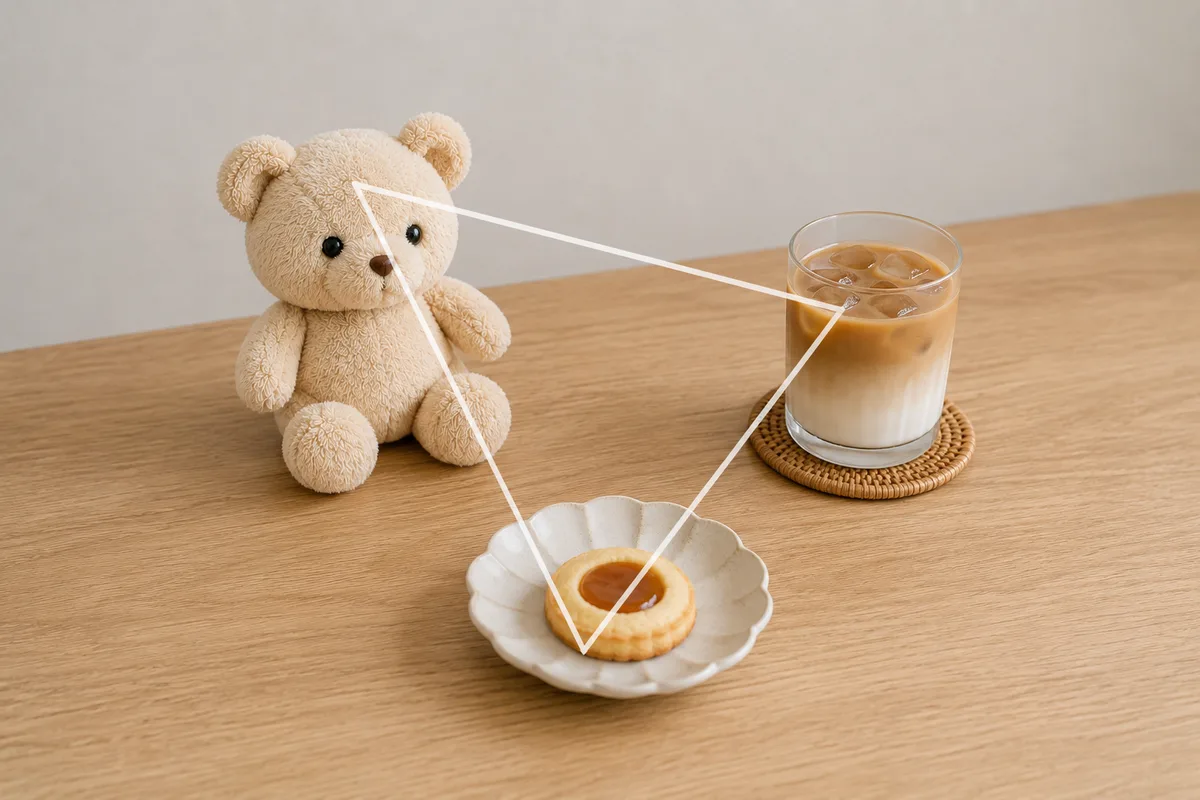クマのぬいぐるみとドリンク、お菓子の3つを三角形に配置したぬい活写真