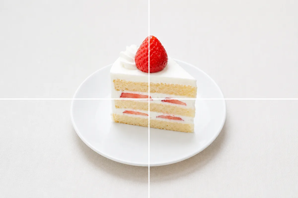 中央の十字線に合わせて、ショートケーキを画面の真ん中にどっしり置いた作例