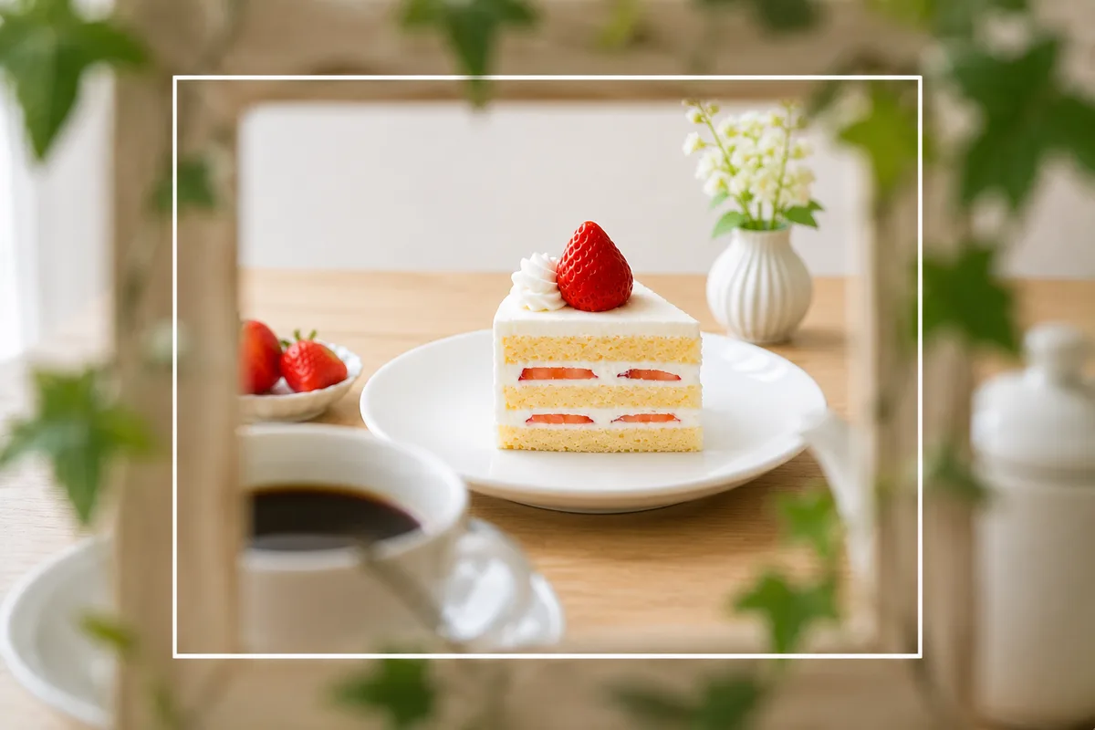 手前の緑の葉やカップの隙間越しに、奥のショートケーキを見せた額縁構図の作例