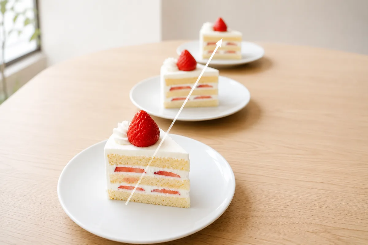 同じショートケーキの皿が手前から奥へ一列に並び、視線が奥へ導かれる作例