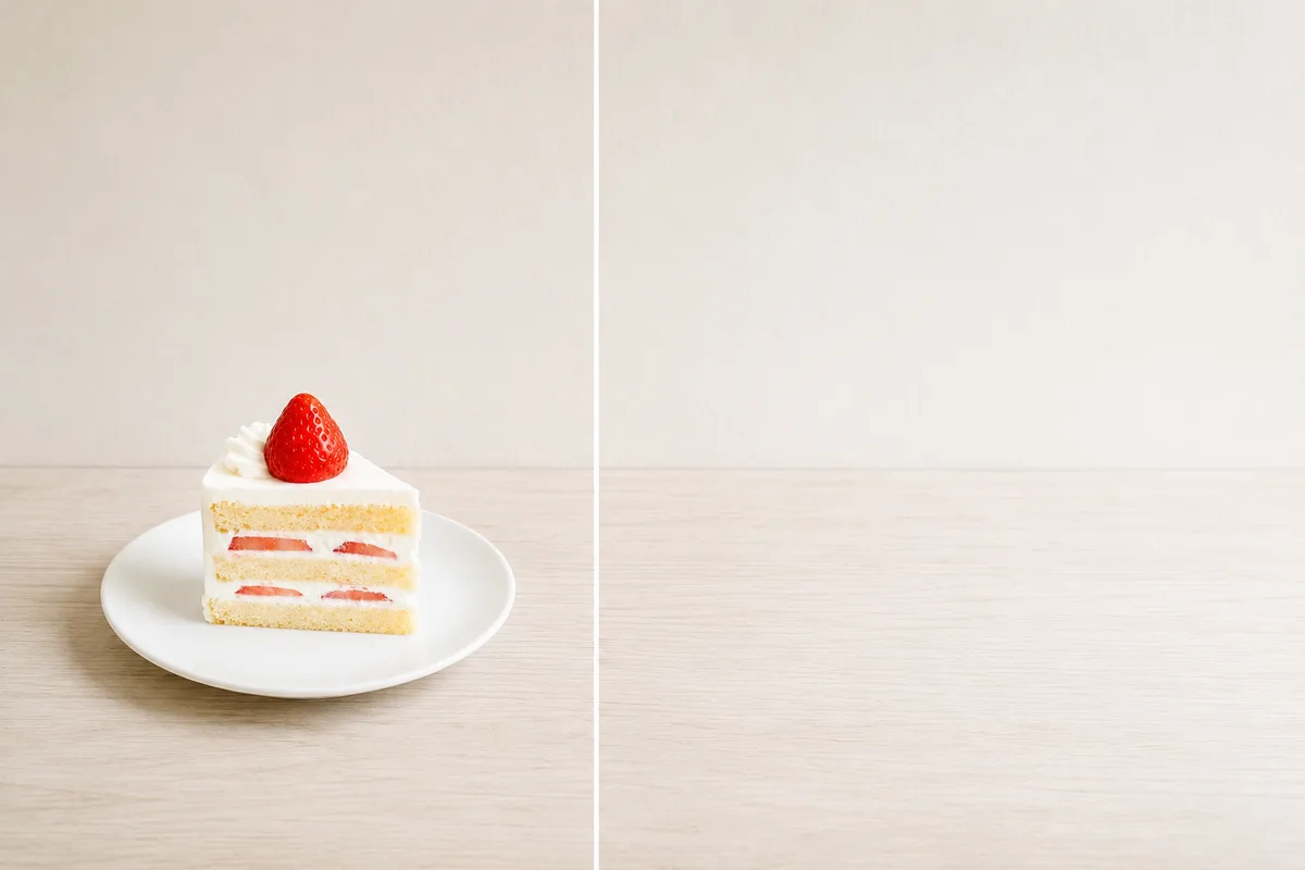 ショートケーキを画面の左端に小さめに置き、右に大きな余白をとった作例