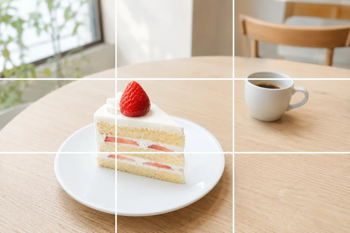 三分割法のグリッド線に沿って、ショートケーキを左の交点に置き右にコーヒーと余白をとった作例