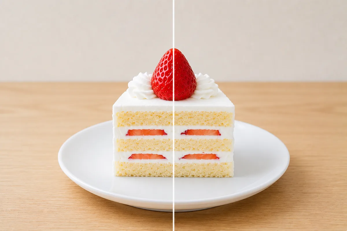 ショートケーキ1切れを正面から中央に置き、左右対称に写した作例
