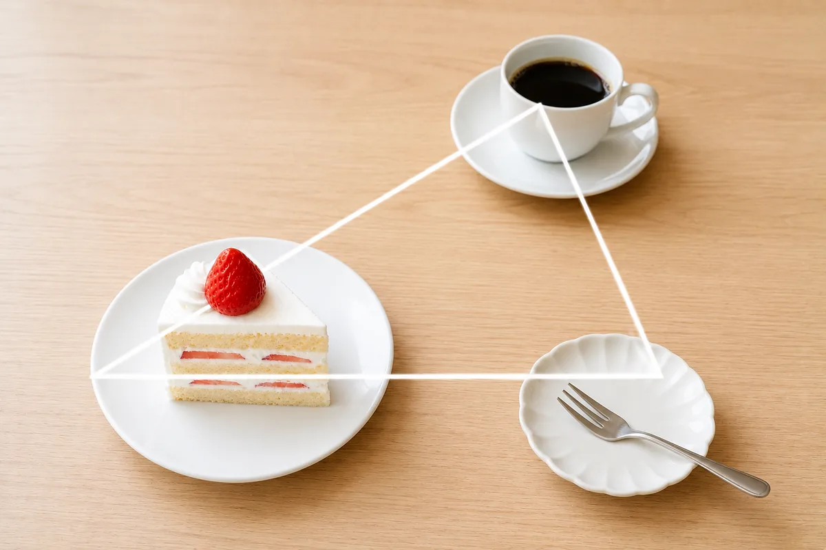 ショートケーキ・コーヒー・フォークの皿を三角形に配置した三角構図の作例