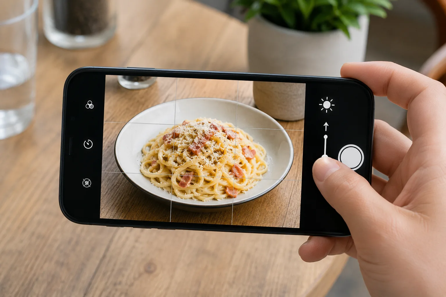 露出補正の作例。スマホ画面の太陽アイコンを上にスワイプし、料理を明るくする操作イメージ。