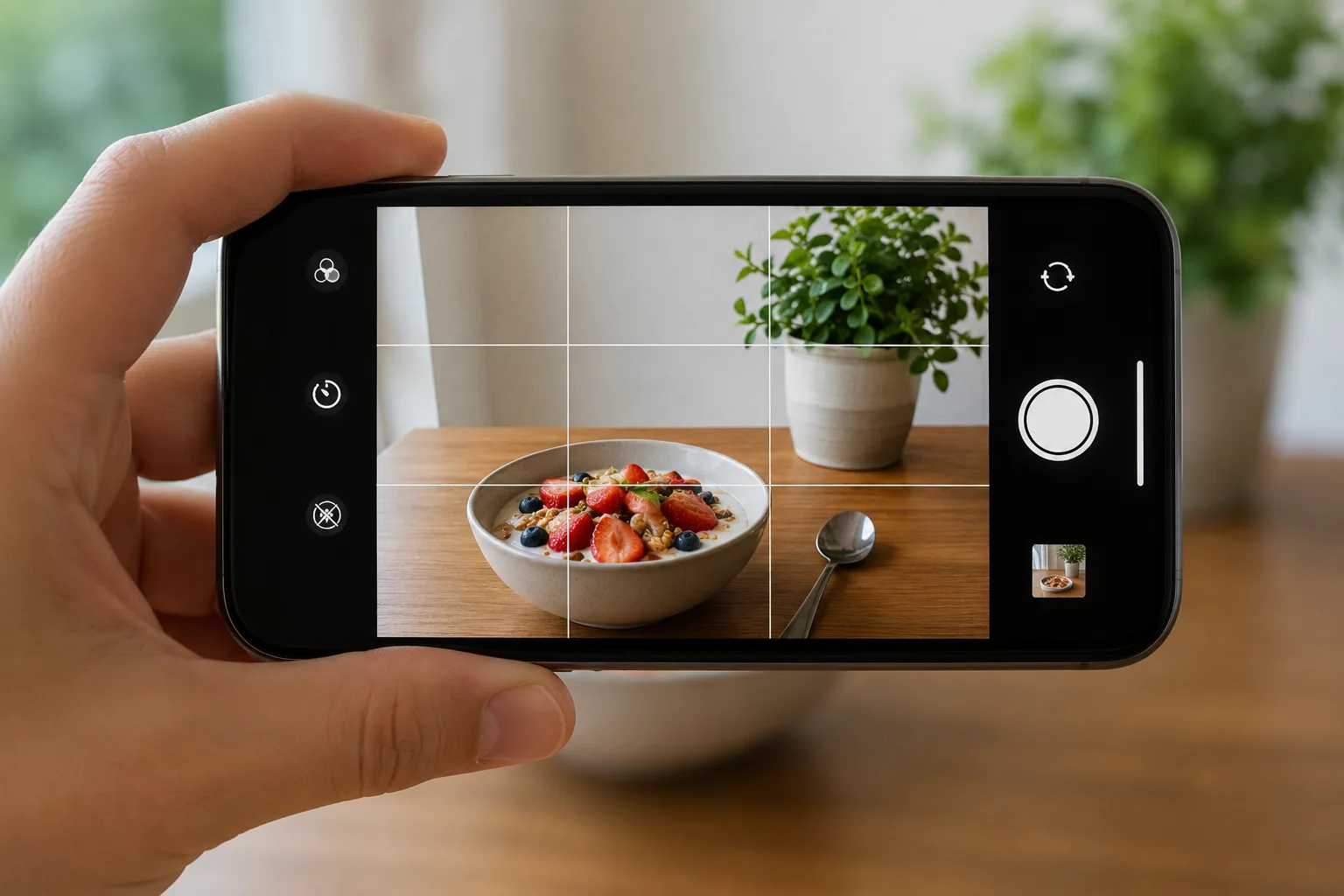 グリッド線の作例。スマホ画面に3×3のグリッド線を表示し、横線で水平を合わせた操作イメージ。