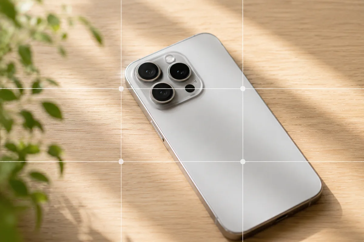 スマホのカメラ部分に寄った作例。背面の複数レンズを木のテーブル上で見せた構図イメージ。