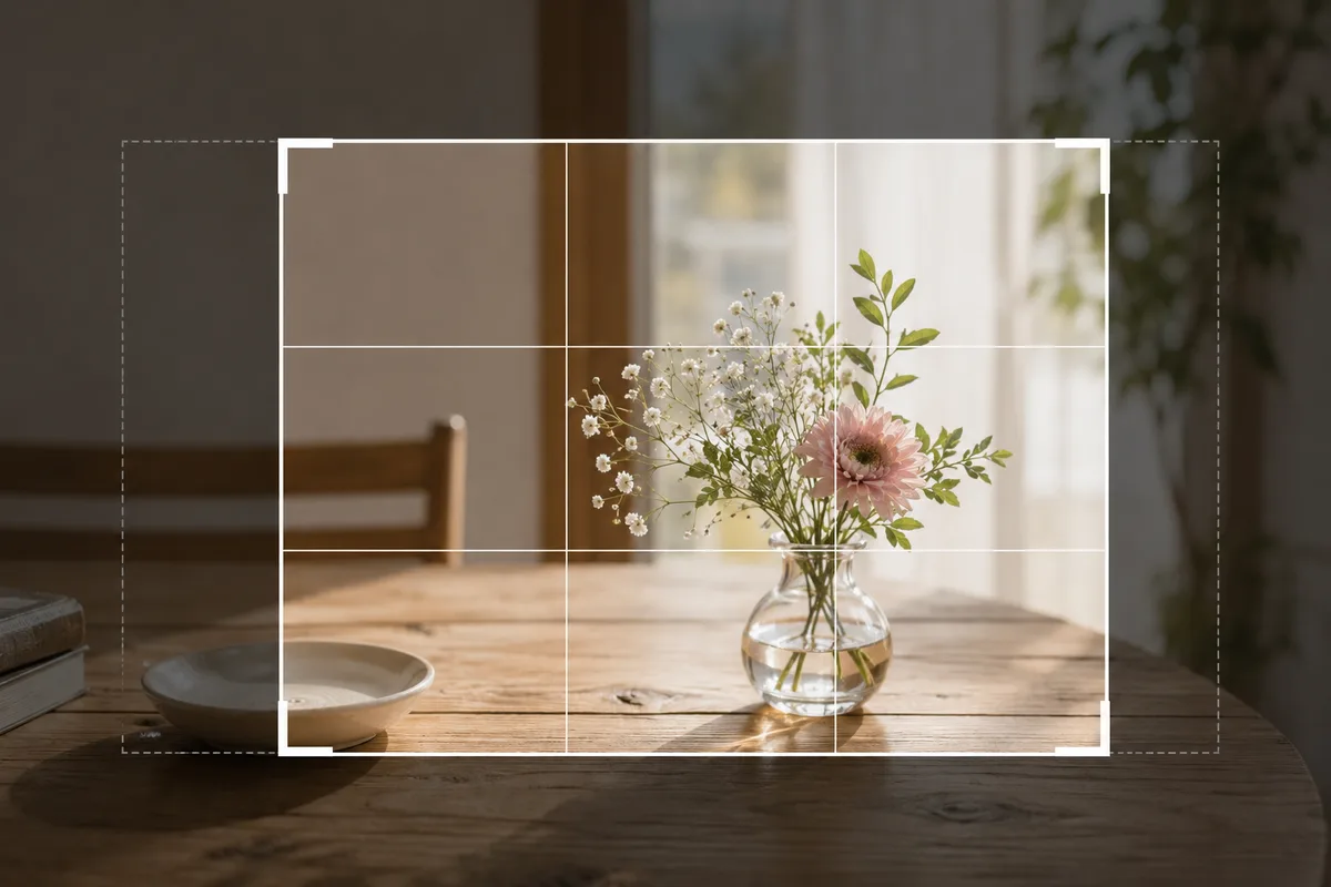 トリミングの作例。同じ写真に切り抜き枠とグリッド線を重ね、主役を三分割の交点に置き直す途中のイメージ。
