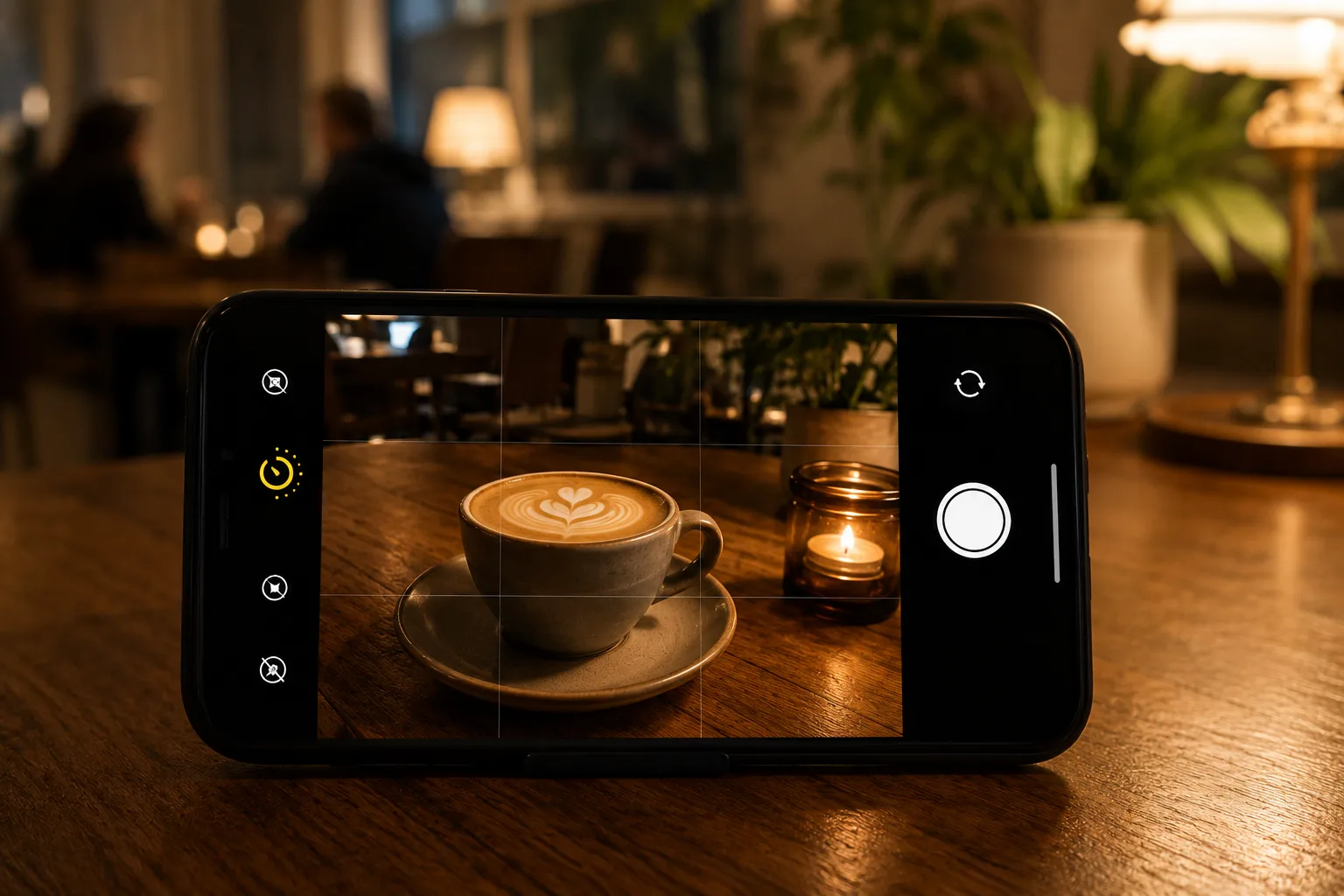 ナイトモードの作例。暗いカフェで固定し、ナイトモードで明るくブレずに撮る操作イメージ。