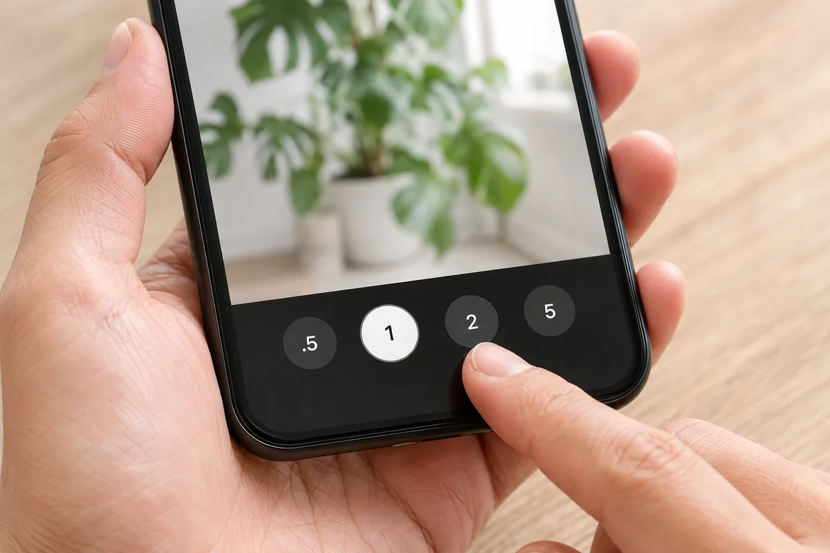 スマホの撮影画面に並ぶ倍率ボタン（.5／1／2／5）に寄った、ズーム操作のイメージ。