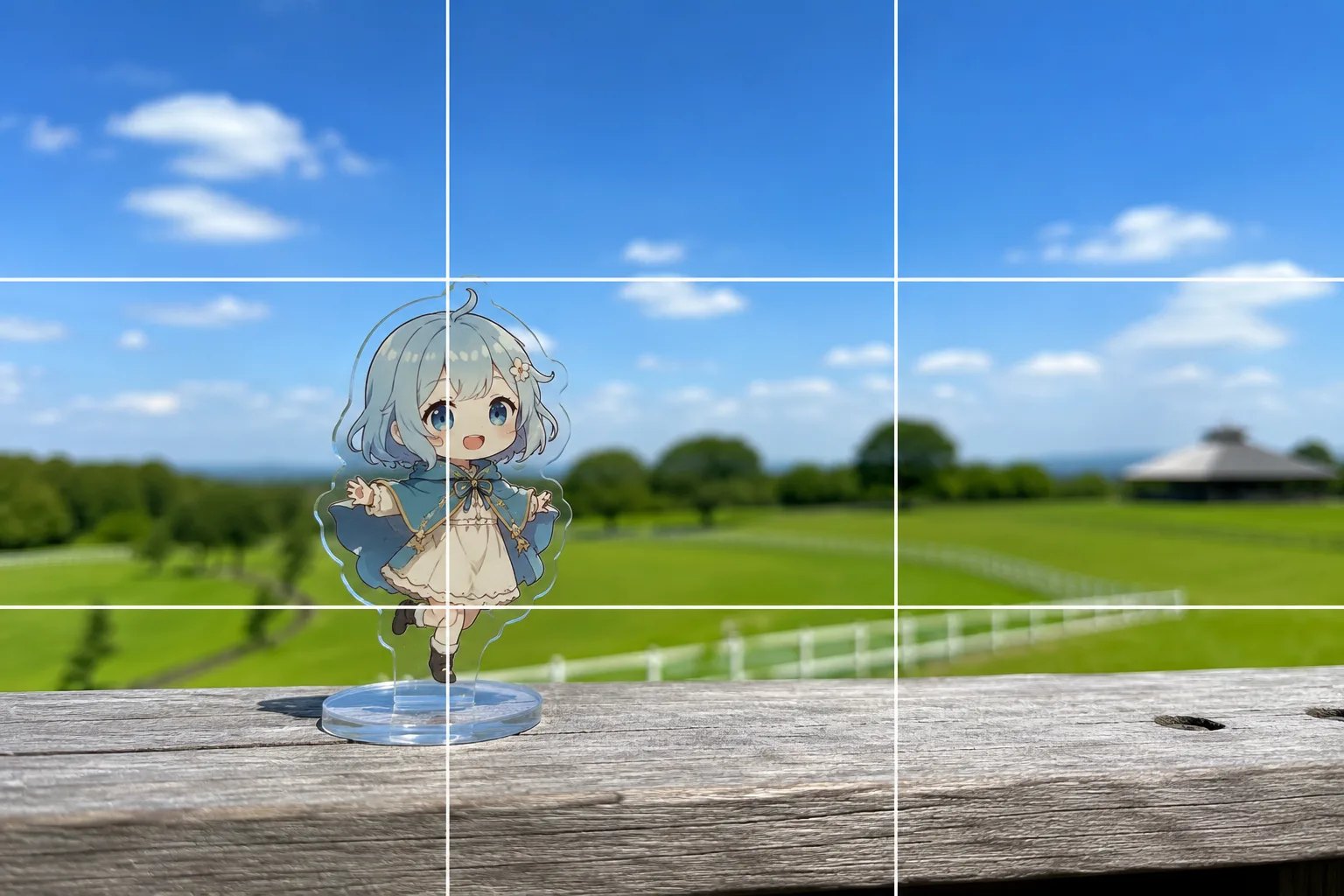 三分割法の作例。青空と草原を背景に、柵の上のアクリルスタンドを手前の交点に置き、絵柄の後ろを空で抜いた構図イメージ。