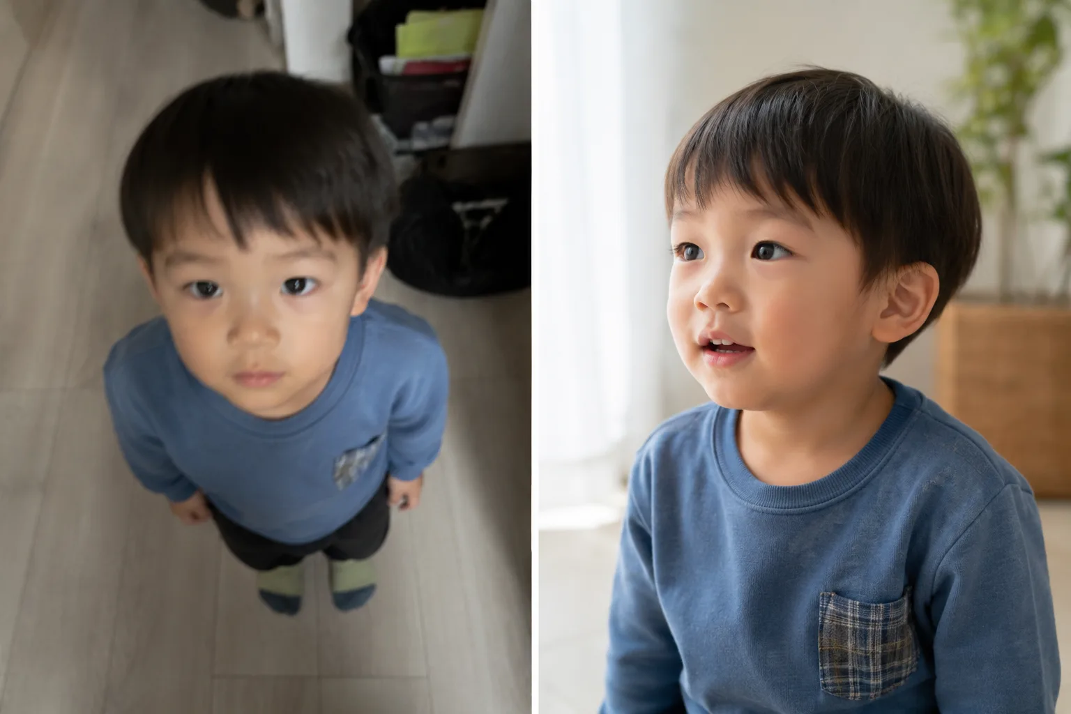 子ども写真のBefore/After。左は見下ろしてブレる、右は目線の高さで瞳がくっきりの比較イメージ。