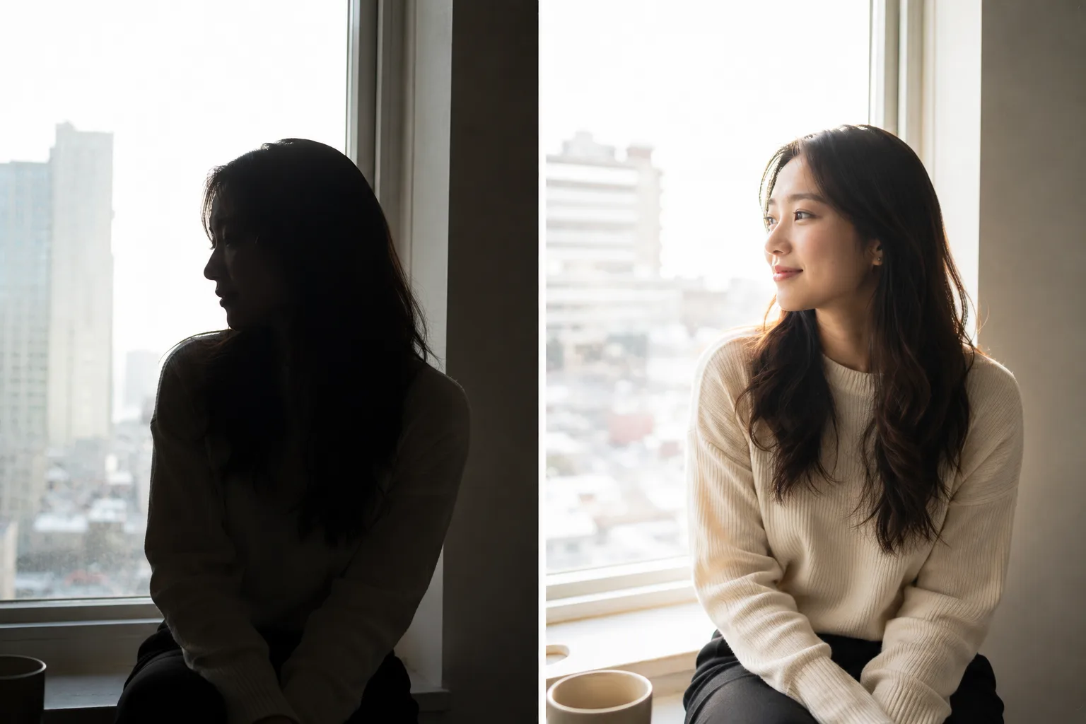 逆光写真のBefore/After。左は顔が真っ黒なシルエット、右は露出補正で顔が明るい比較イメージ。