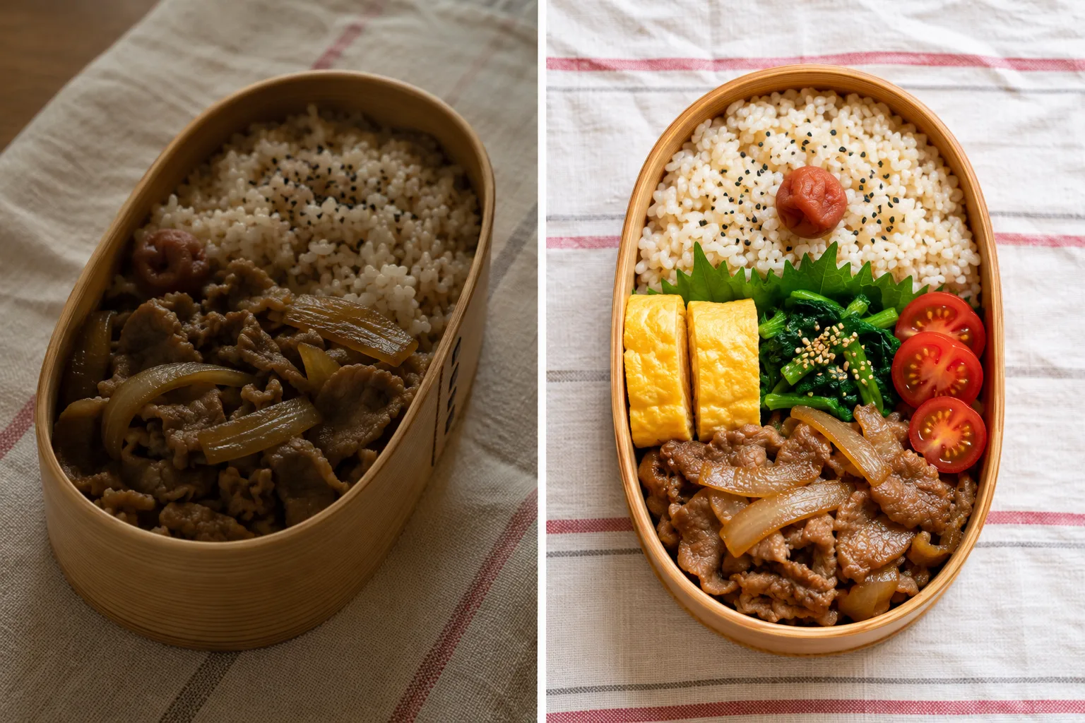 お弁当写真のBefore/After。左は斜めで茶色く地味、右は真上で水平・彩り豊かな比較イメージ。