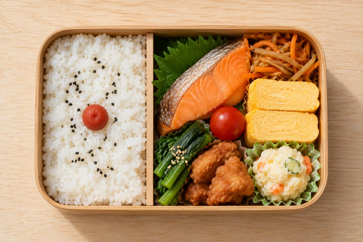お弁当写真の作例。真上から水平に撮り、彩りよく整えた構図イメージ。