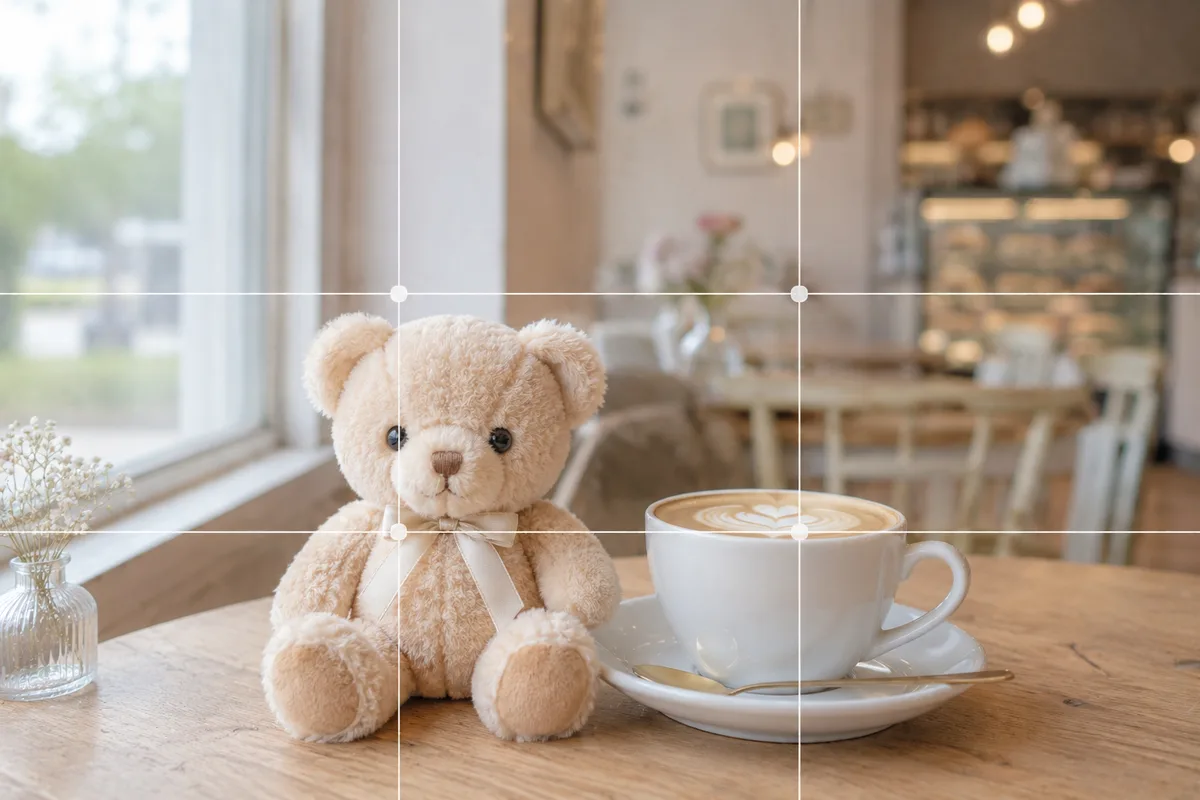 三分割法の作例。カフェの窓際テーブルでぬいを交点に置き、ラテを添えた構図イメージ。