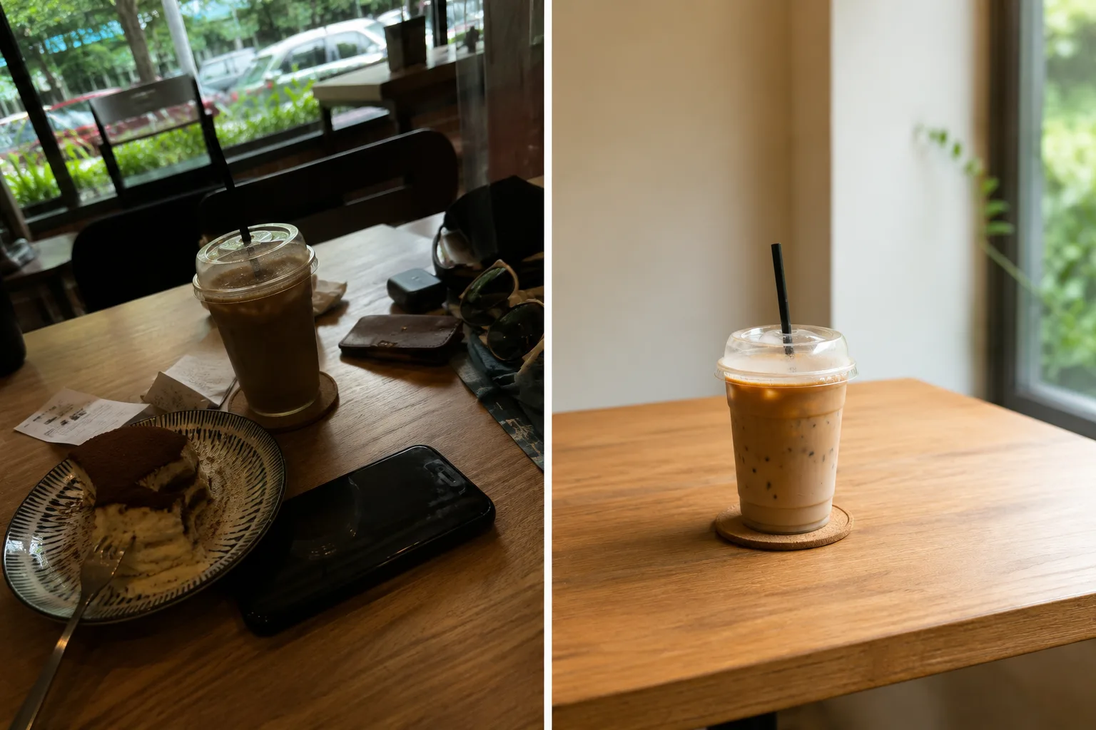 カフェ写真のBefore/After。左は詰め込み・逆光・傾き、右は主役1つで横光・余白・水平の比較イメージ。