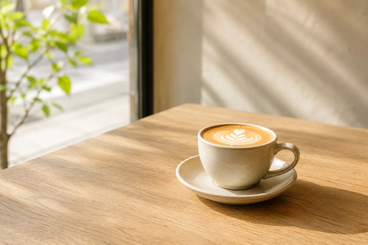 カフェ写真の作例。主役のドリンク1つに窓の光を横から当て、余白を残し水平を取った構図イメージ。