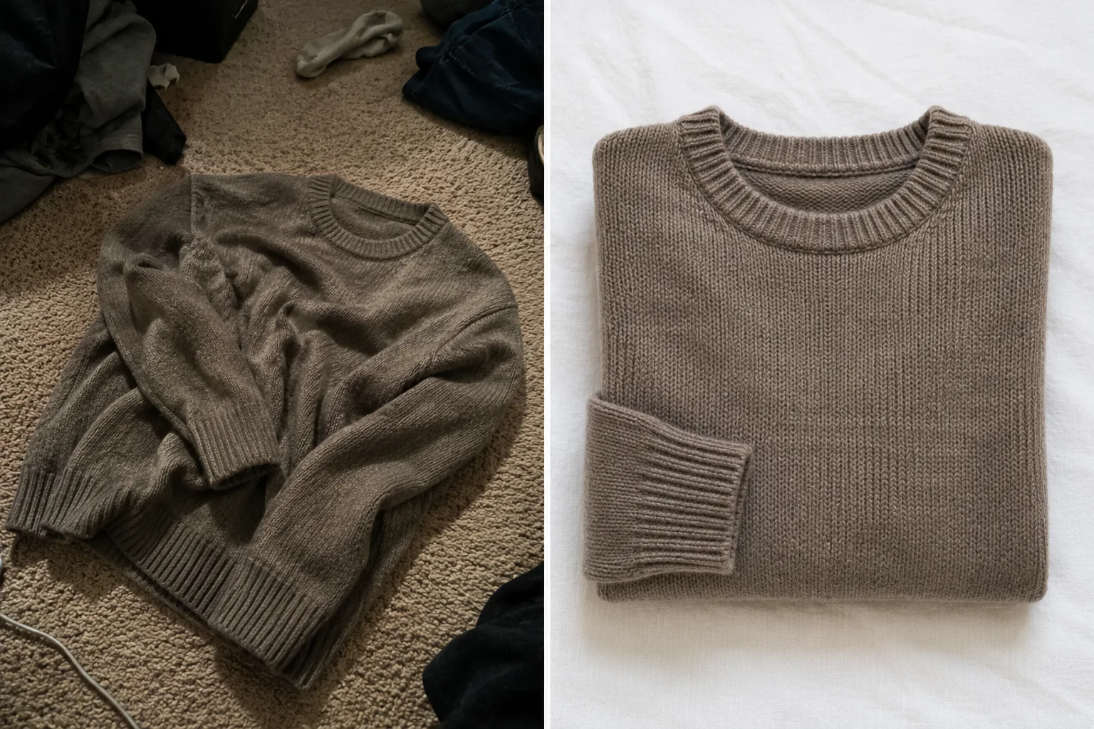 服のフリマ写真のBefore/After。左はカーペットでしわ・暗い、右は白布で整えて明るい比較イメージ。