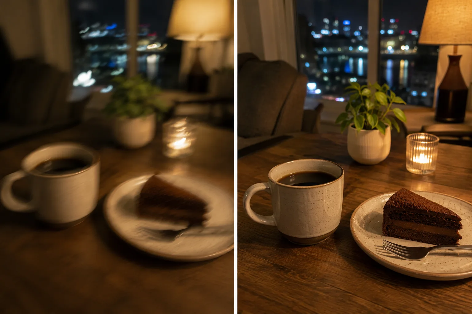 暗い室内写真のBefore/After。左は暗くブレる、右は固定で明るくくっきりの比較イメージ。