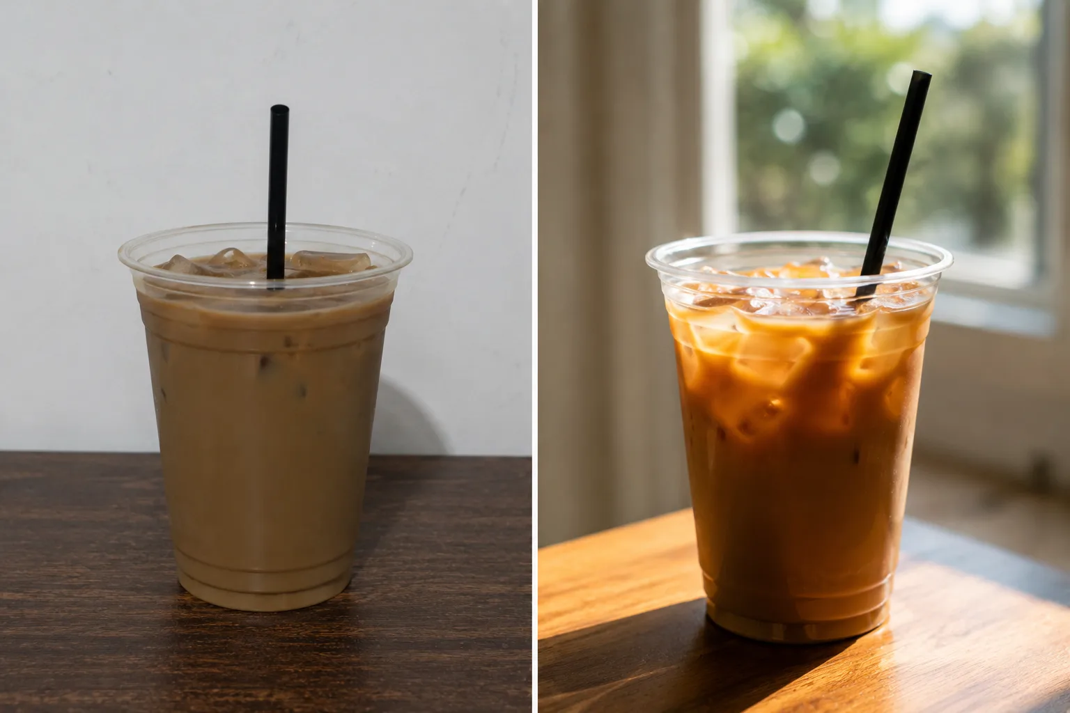 ドリンク写真のBefore/After。左は順光で濁って平板、右は逆光で氷が透ける比較イメージ。
