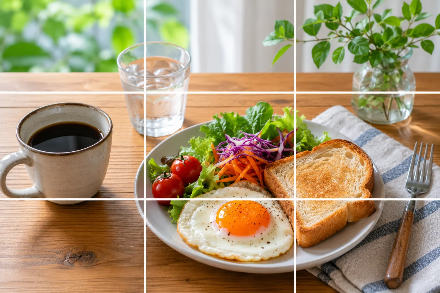 傾き直しの作例。グリッド線でテーブルの縁を水平に合わせ、まっすぐ撮った構図イメージ。
