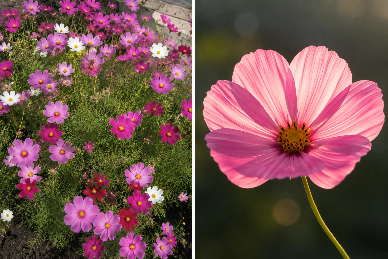 花写真のBefore/After。左は花畑を引きで平板、右は一輪に寄り逆光で背景ぼけの比較イメージ。