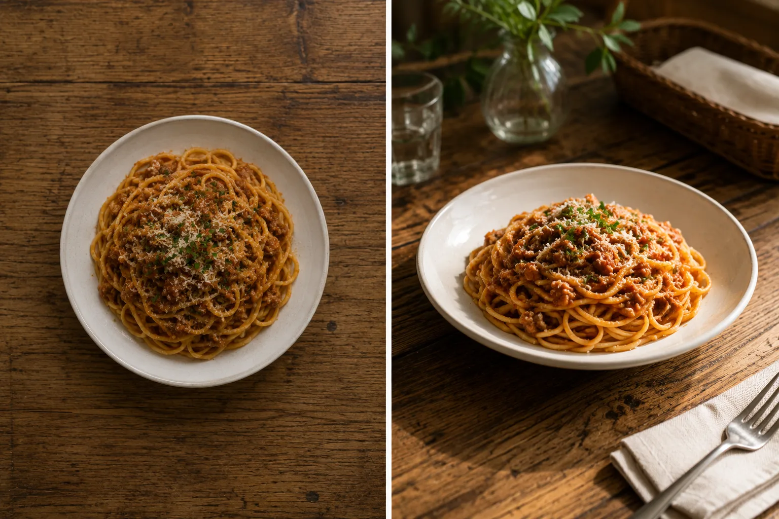 料理写真のBefore/After。左は真上で暗く中央ドン、右は斜め45度で明るく交点に置いた比較イメージ。